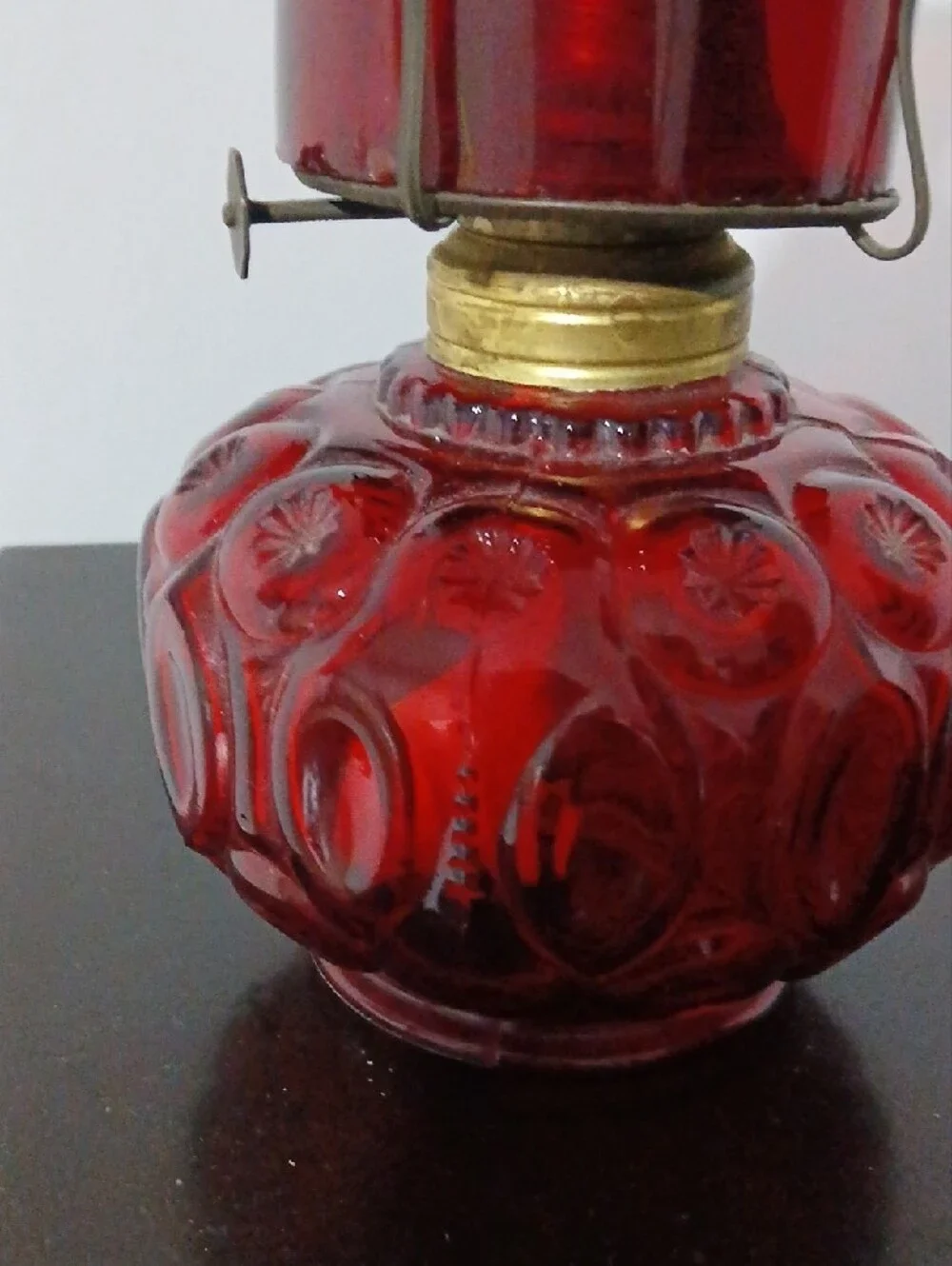 Red Glass Oil Lamp IE Smith Moon And Star Pattern
